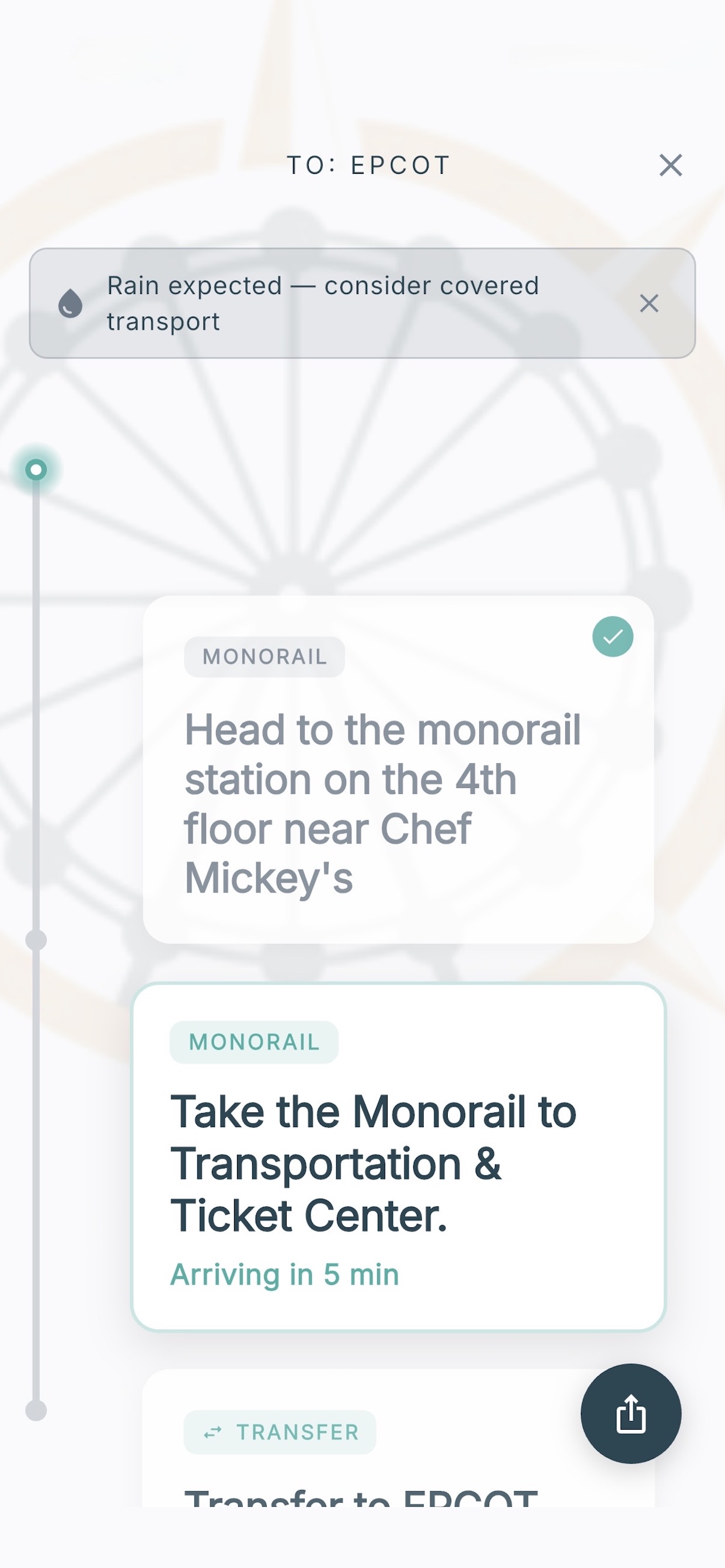 Step-by-step monorail directions with rain weather alert