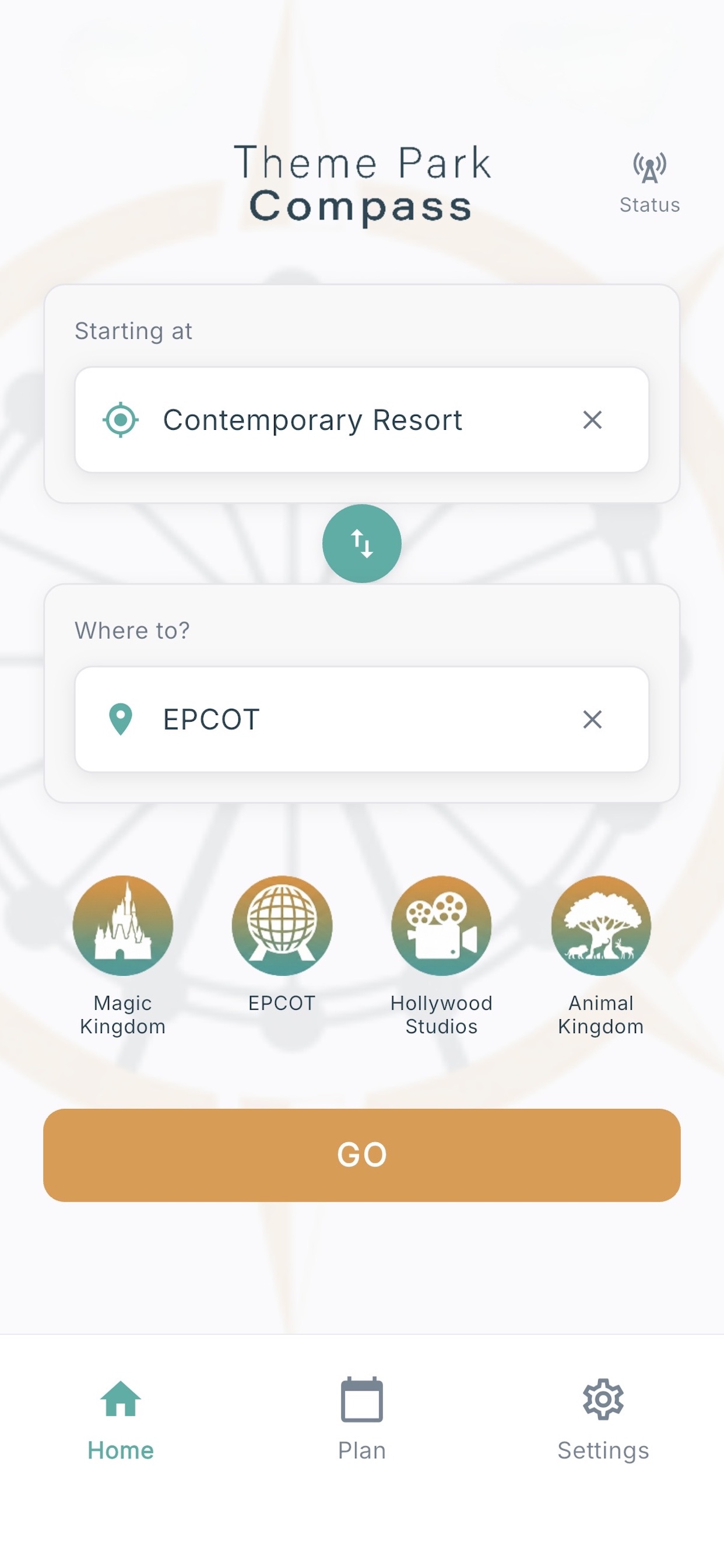 Theme Park Compass home screen showing route selection from Contemporary Resort to EPCOT