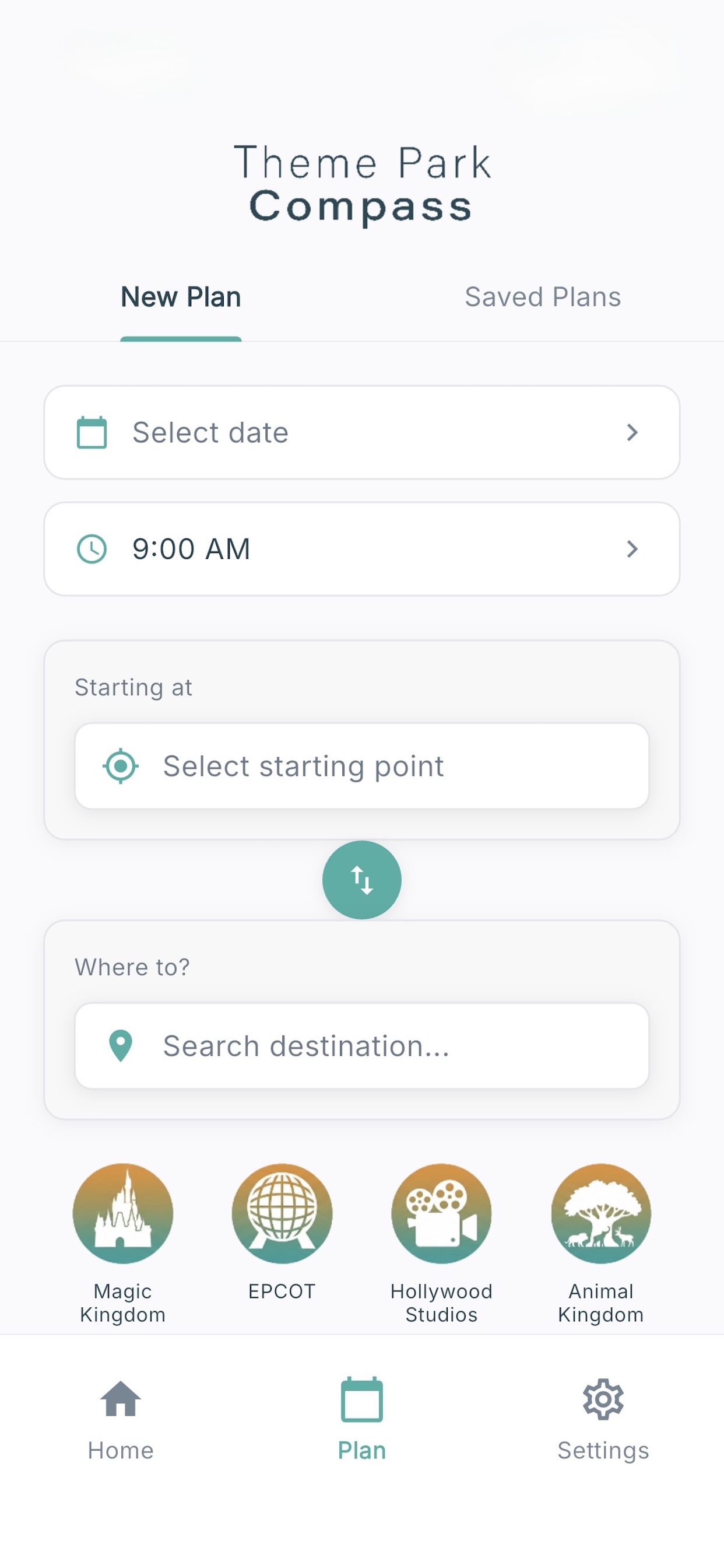 Plan screen with date and time pickers for trip planning