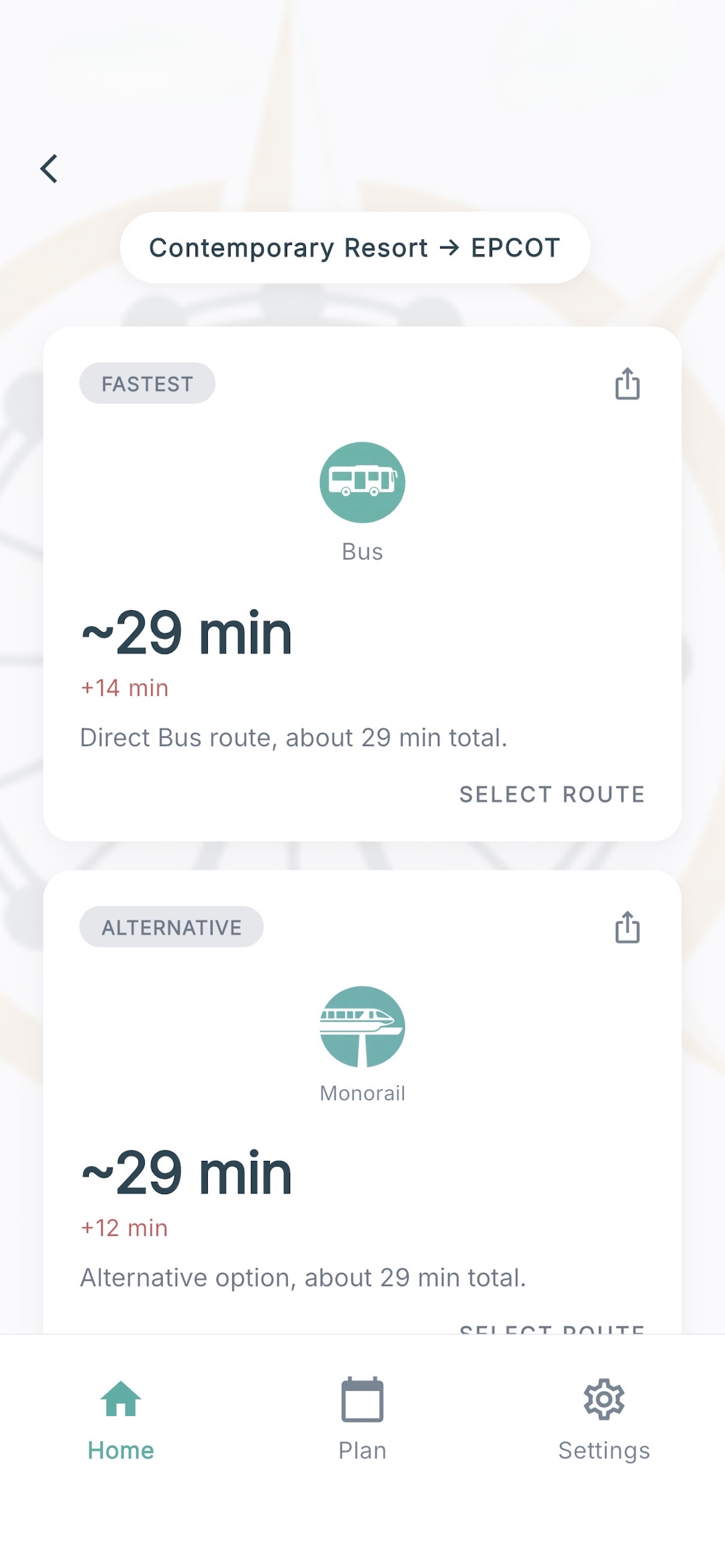 Route results showing fastest Bus and alternative Monorail options with travel times